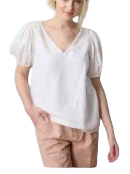 LC Lauren Conrad Tops - LC Lauren Conrad Cream Linen Blend Puff Sleeve Blouse XL V-Neck Cottagecore Top